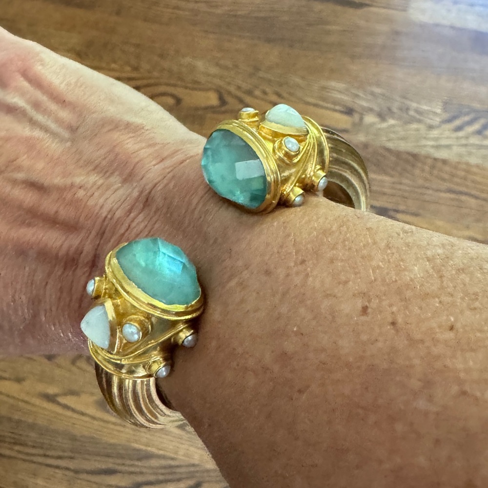 Julie Vos Gold and Aqua Chalcedony, Moonstone and Pearl hinged Bracelet